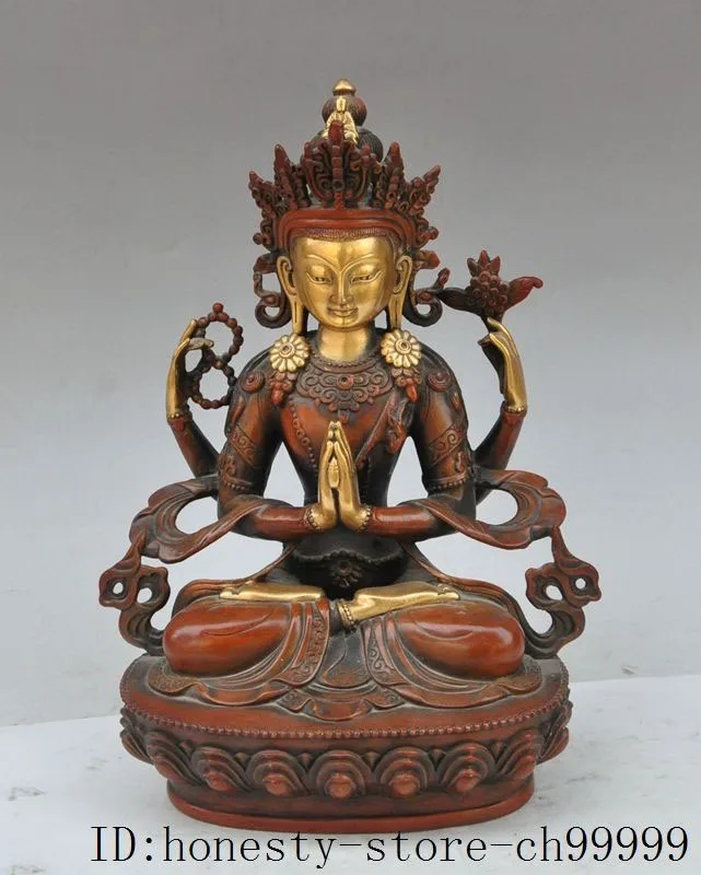 

buddhism bronze gilt lotus 4 Arms Chenrezig Kwan-Yin Bodhisattva statue halloween