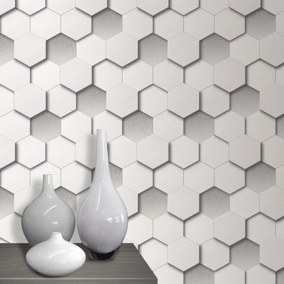

3D Effect Hexagon Geometric Wallpaper Leather Padded Look Cushioned White Grey Wall Paper Roll