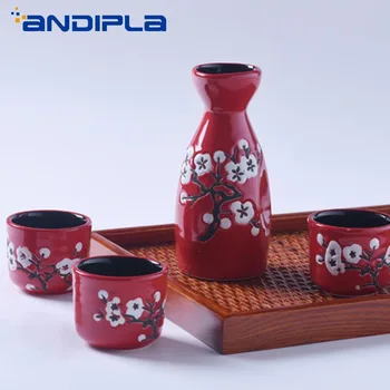 

5pcs Japanese Style Cherry Blossoms Wine Set Ceramic Hip Flasks Sake Cup Tea Cup Portable Flask Liquor Bottles Home Wine Pot New