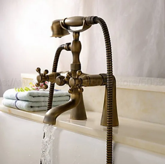 Antique Brass Deck Mounted Bathroom Clawfoot Bathtub Faucet & Hand Shower Basin Sink Mixer Tap & Hand Shower ztf018