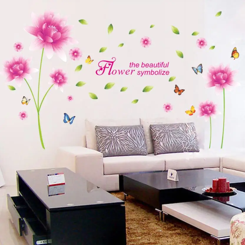 Beautiful Pink Lotus Flowers Wall Sticker Sofa TV Wall Decals Rooms