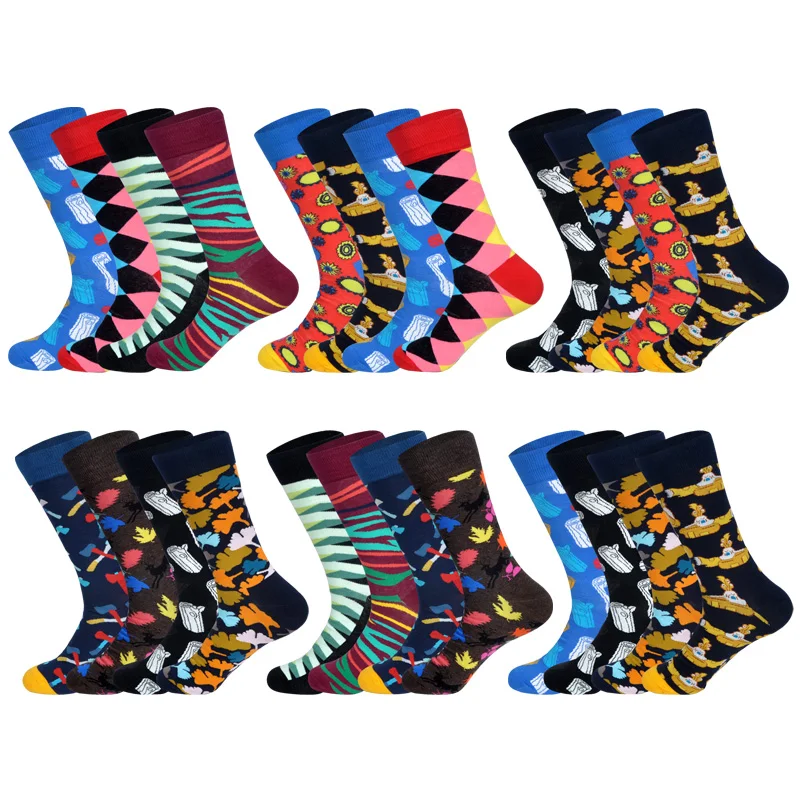 

LIONZONE 4Pairs/Lot 2019 New Yellow Submarine Maple Leaf Colorful Line Fashion Men's Socks Combed Cotton Trend Design Sock