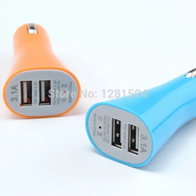 Двойной порт рога USB Автомобильное зарядное устройство usb-адаптер 3.1A красочное автомобильное зарядное устройство для мобильного телефона 100 шт