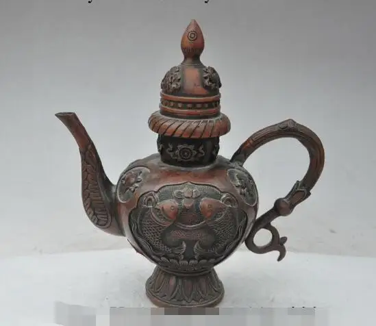 

S3688 9"Marked chinese Bronze Fish 8 Auspicious Symbol fish statue Wine Tea Pot Flagon discount 30% (C0324)