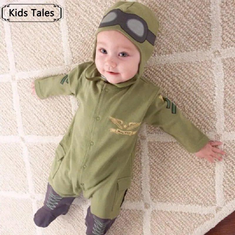 

2018 New suit boy sliders newborn baby clothes baby boy clothes children pilot sliders infant long-sleeved jumpsuit+hat SR004