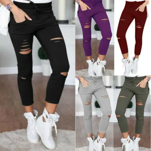 Imcute новые обтягивающие джинсы для женщин, измельченные брюки, брюки с высокой талией, женские брюки, женские леггинсы, рваные спортивные брюки, черные рваные джинсы