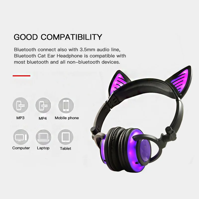 Teamyo Bluetooth Headphones Cat Ear Wireless Earphone microphone Flashing Glowing Headset With LED Light For PC Laptop Adult Kid