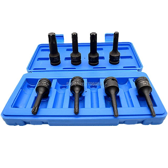 Enchufe de estrella Torx Bit de 1/2 ", unidad cuadrada, conjunto de 8 Uds. De brocas T30, T40, T45, T50, T55, T60, T70 y T80 CR-MO, herramienta de puntas de impacto, de 78mm de largo con estuche Enchufe de estrella Torx Bit de 1/2 ", unidad cuadrada, conjunto de 8 Uds. De brocas T30, T40, T45, T50, T55, T60, T70 y T80 CR-MO, herramienta de puntas de impacto, de 78mm de largo con estuche