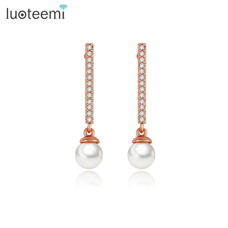 LUOTEEMI, элегантные женские серьги-гвоздики с искусственным жемчугом, CZ Стразы, женские роскошные ювелирные изделия из розового золота