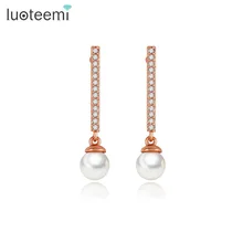 LUOTEEMI, элегантные женские серьги-гвоздики с искусственным жемчугом, CZ Стразы, женские роскошные ювелирные изделия из розового золота