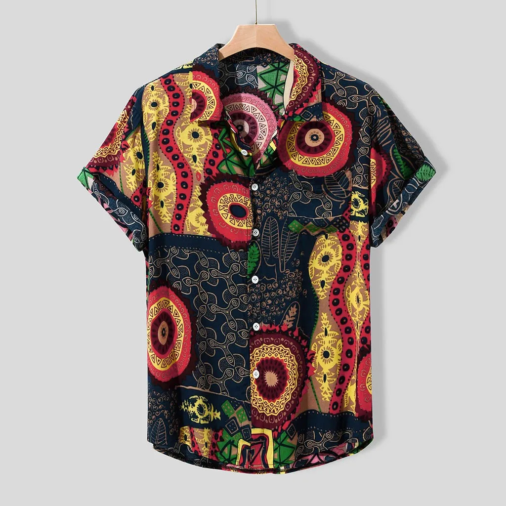 Мужская хлопковая рубашка, летняя гавайская рубашка с этническим принтом и коротким рукавом,, повседневный Топ Харадзюку, Camisa Hombre, уличная одежда, 19Je