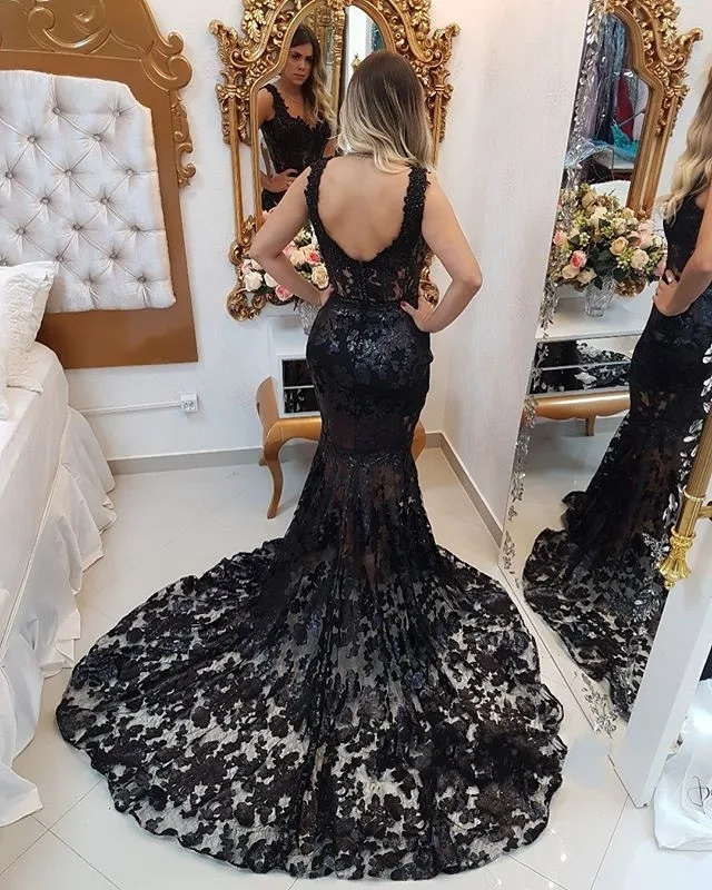 Платье vestido de noche 2019 сексуальное вечернее платье с открытой спиной Длинные Русалка Кружева платье для выпускного вечера черные вечерние