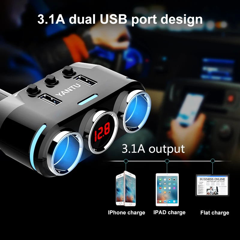 Разветвитель YANTU 2 USB порта 3 1 А синий светодиод разветвитель адаптер питания 12 24 В