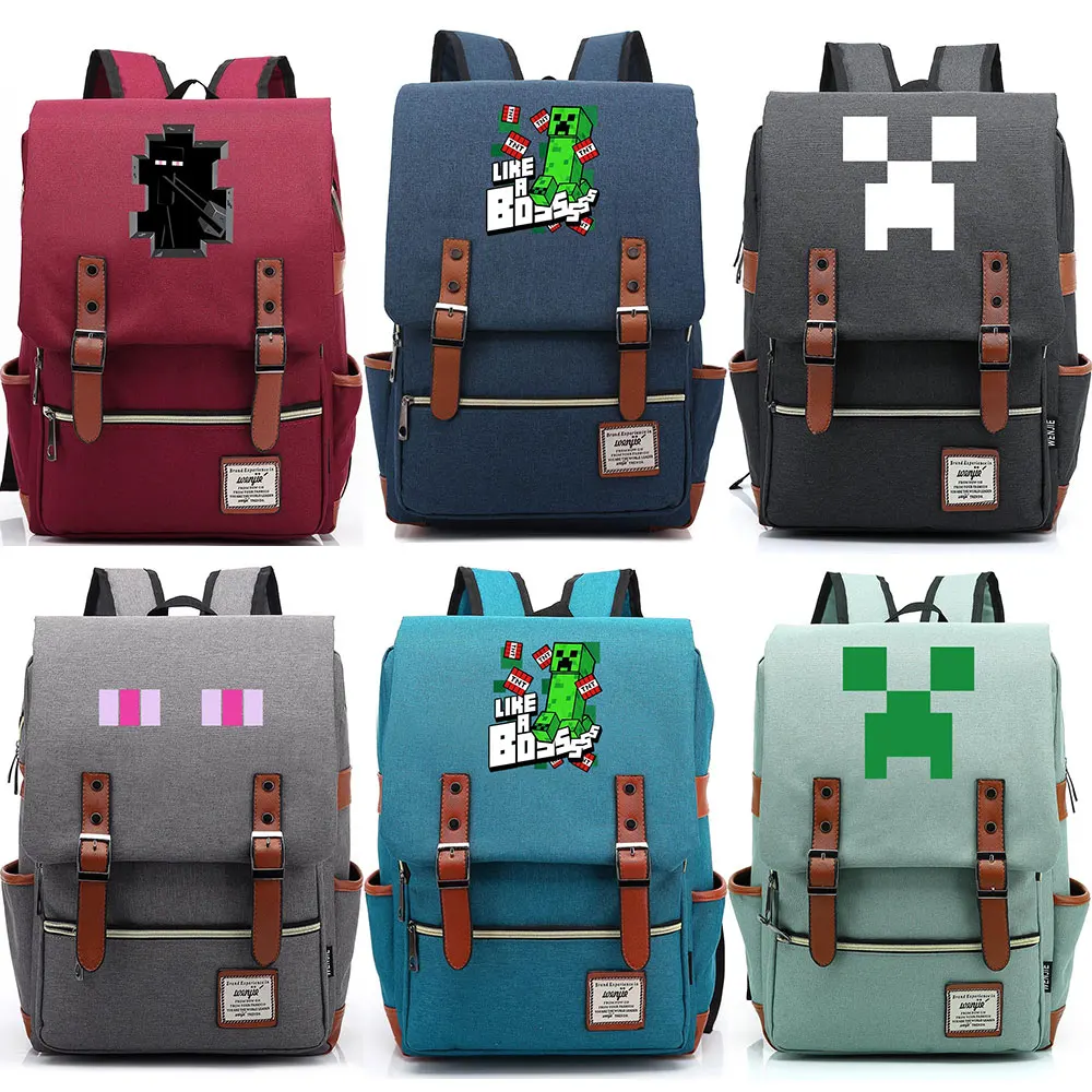 

Games MineCraft Creepers Green Plaid Boy Girl Student School bag Teenagers Schoolbags Canvas Women Bagpack Men Belt Backpack