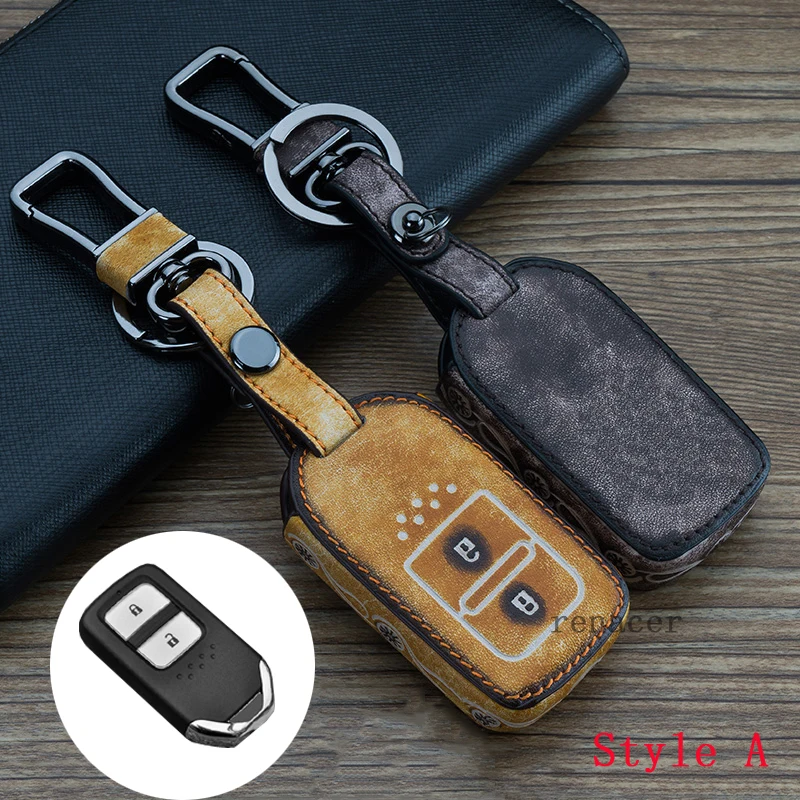 

New Antique Doodle Genuine leather + Metal alloy car key cover case ring keychain For Honda Accord Spirior Civic Pilot CRV FIT
