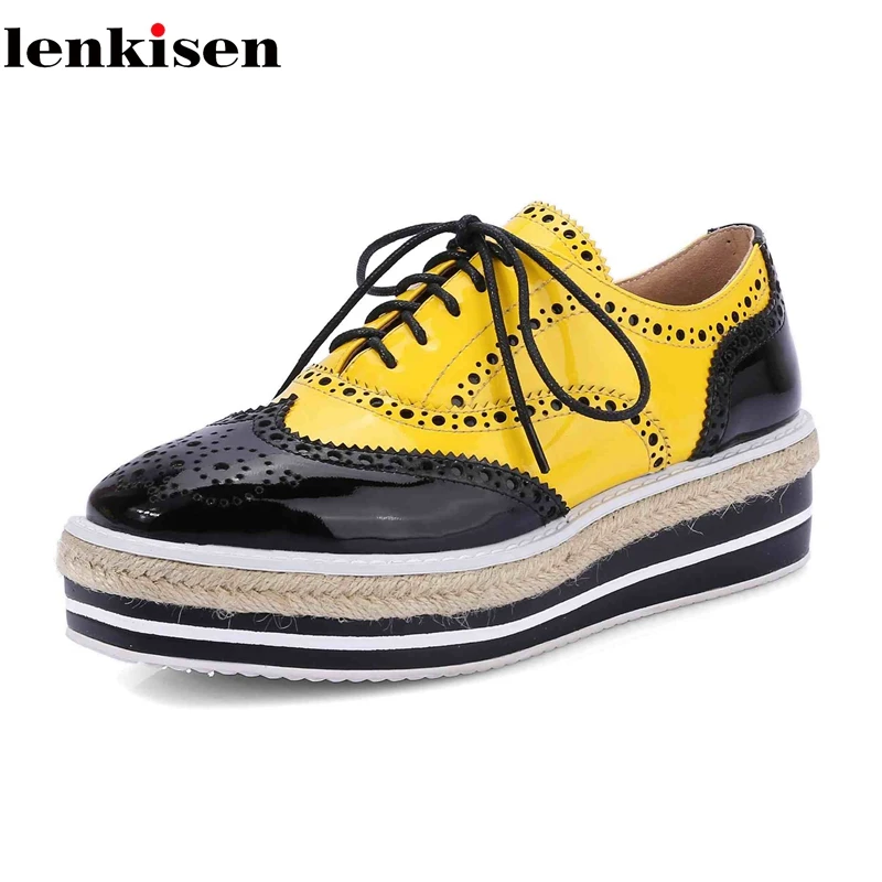 

Lenkisen cow leather square toe lace up British school style elegant oxford shoes mixed color women hollow increased pumps L61