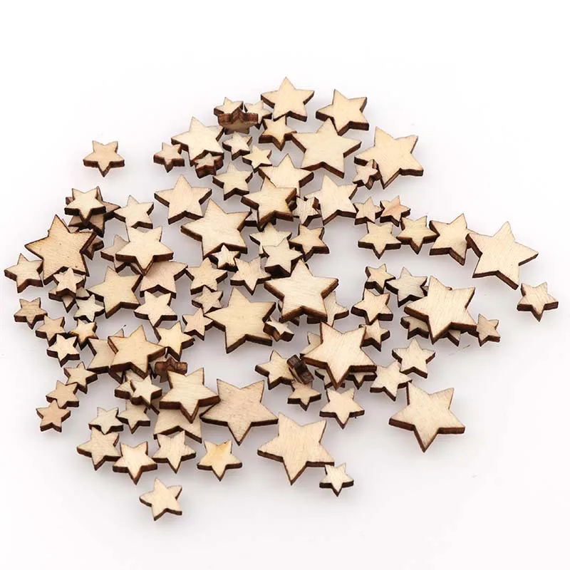 

100Pcs 11-34mm Mix Size Pentagram Wood Chip For Handmade DIY Craft Without Hole Wood Chips Decorative Wooden Graffiti Button