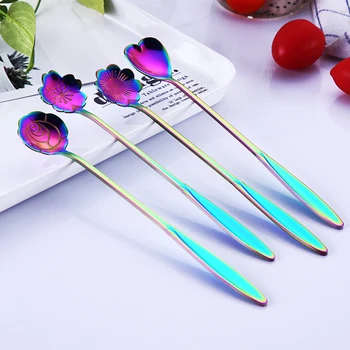 

4PCS/Set Flowers Shaped Coffee Scoops Stainless Steel Long Handle Stirring Spoon Tableware Coffee Dessert Tool