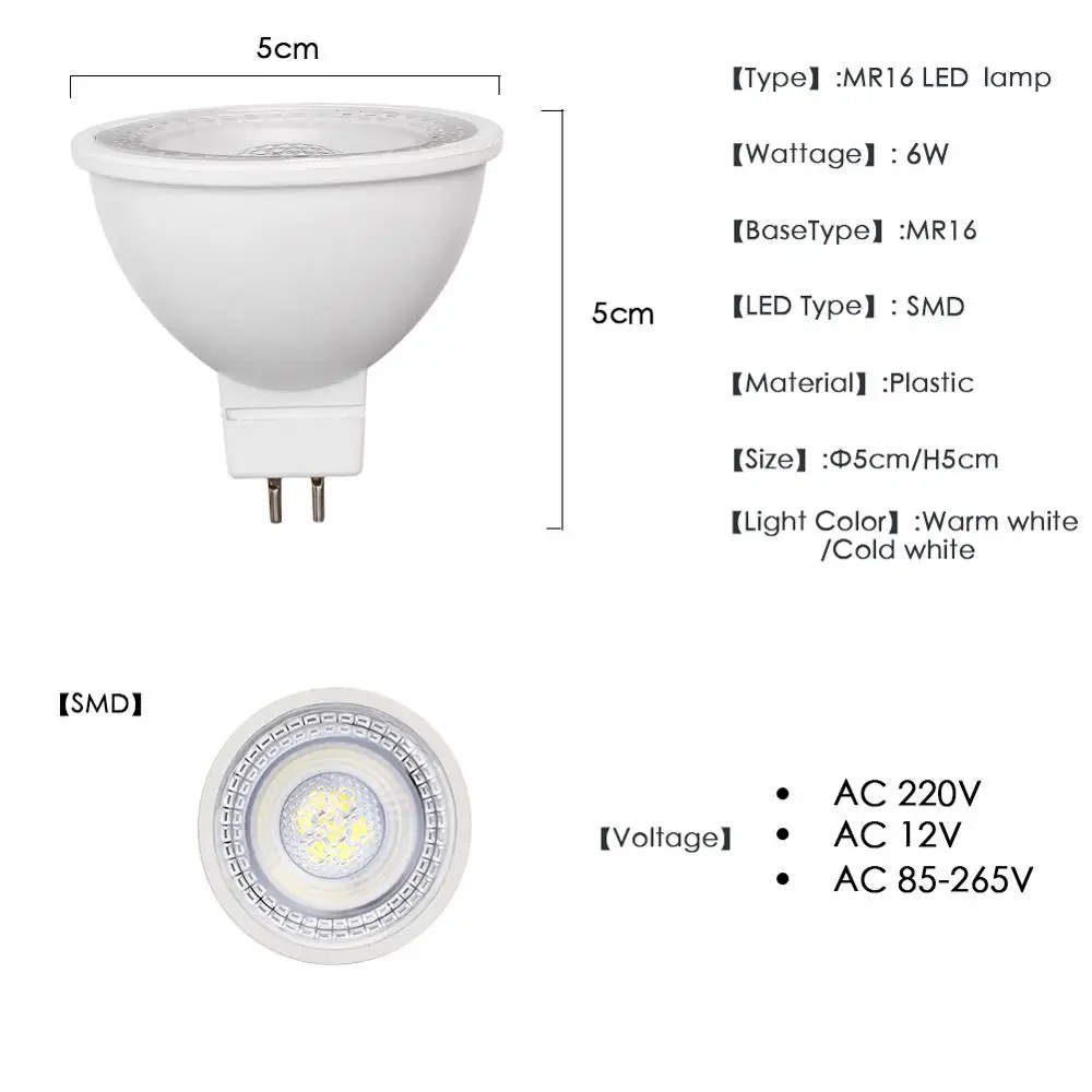 GU10 MR16 Светодиодный точечный светильник лампа GU5.3 SMD Светодиодная лампа 6 Вт переменного тока 12V 220V 230V 240V 110V Bombillas Точечный светильник внутреннего лампада cfl энергосберегающие лампы