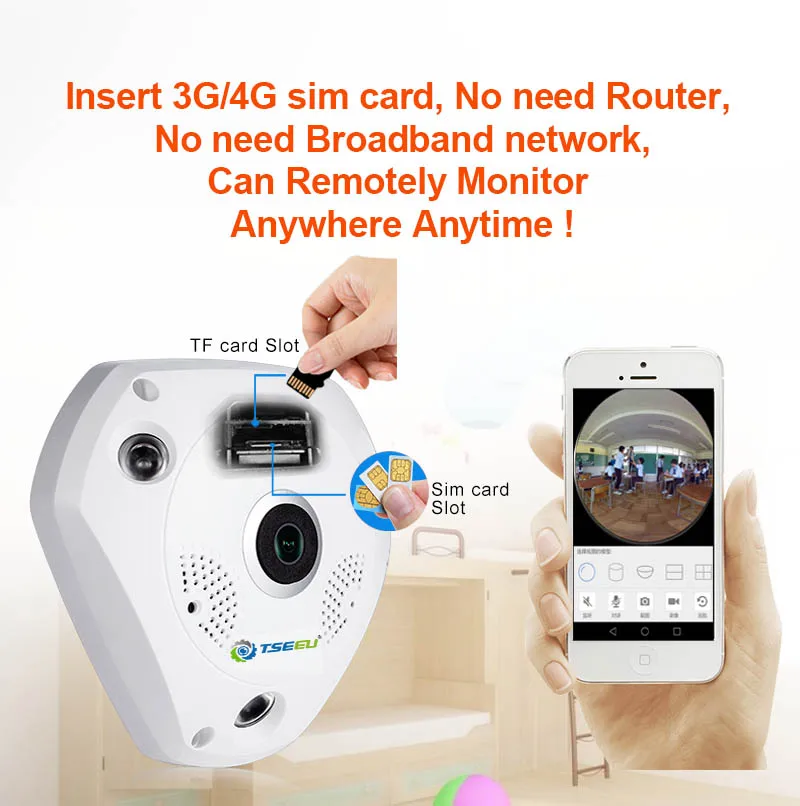 5 мегапиксельная 4G 3G сим карты Крытый панорамный Fisheye 360 градусов IP Камера CamhiPro