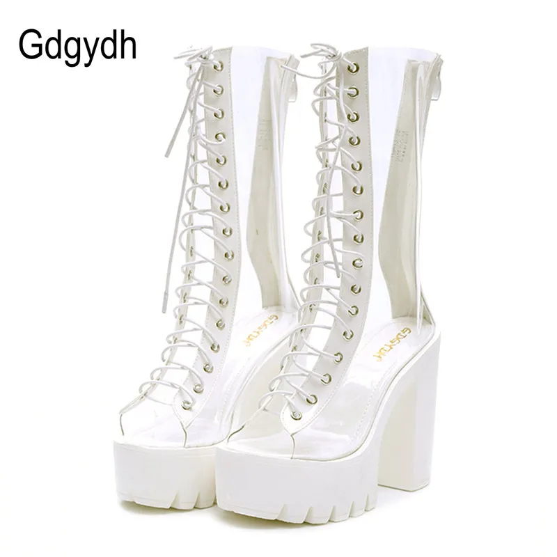 

Gdgydh 2017 New Arrival Women Boots Lacing Open Toe Platform Female Summer Shoes Thick High Heel 13cm Patent Leather Boots White