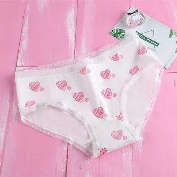 

Japanese Cartoon Pattern Letter Small Fresh Panties Lace Edge Confort Soft Underwear Middle Waist White Underwear Girl Wind