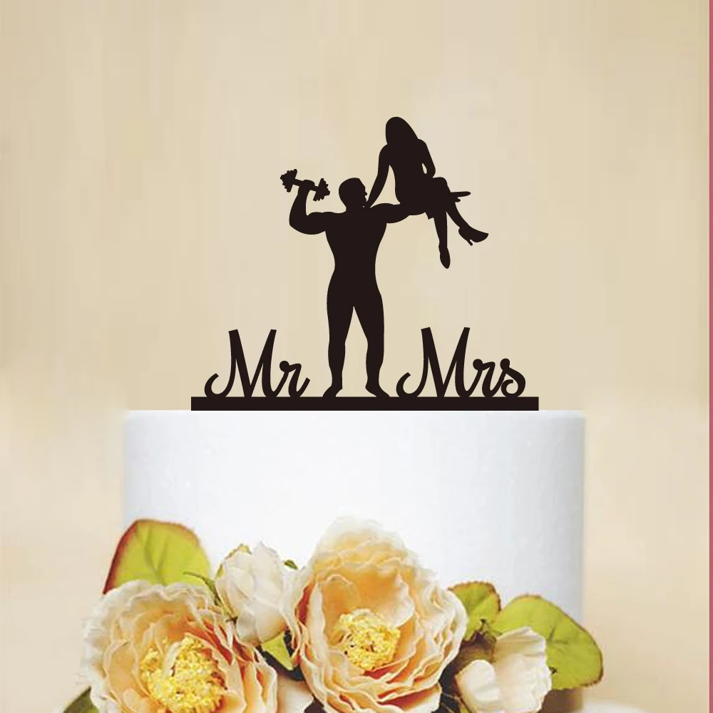 Wedding Cake Topper Funny Fitness Bride Groom Mr Mrs Acrylic Black weightlifting Cake Toppers Wedding Decoration Mariage Party Supplies Adult Favors (2)