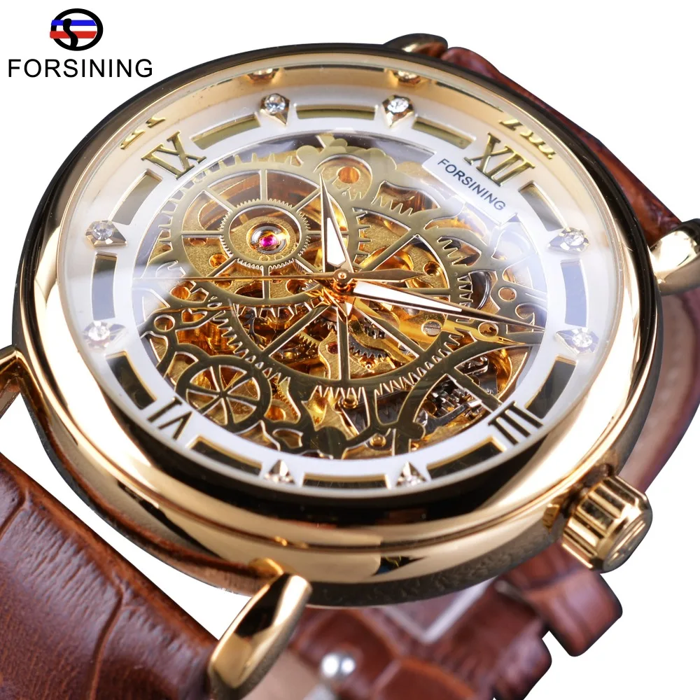 Forsining Classic Royal Design Brown Leather Golden Transparent Open Work Men Automatic Skeleton Wrist Watches Top Brand Luxury