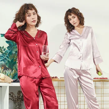 

Satin Silk Pajamas for Women's Set Long Sleeve Button Pigiama Donna Seta Estivo Sleepwear Nightwear Loungewear pjs 2Pcs Kimono