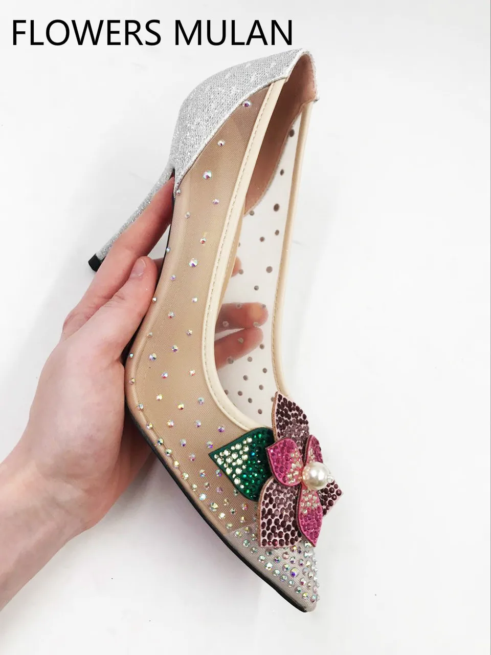 

Diamond Flower Stiletto High Heels Rhinestone Bling Wedding Shoes 2018 Chic Nude Sequin Mesh Pointed Toe Luxury Women Pumps