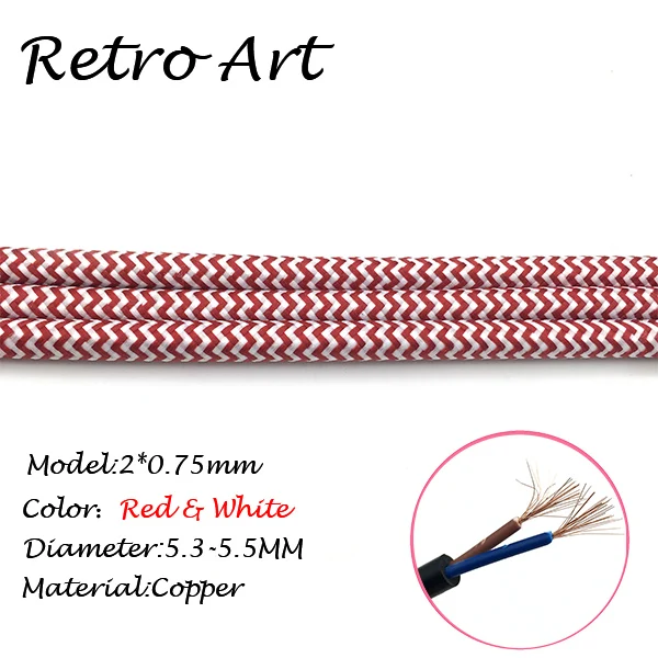 Red and White Best качества Урожай Текстиль Ткань Электрический кабель под старину ткань покрыта плетеный кабель 2*0,75 мм - Цвет: Red and White