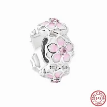 925 стерлингового серебра бледно-вишневая эмаль розовый CZ цветение магнолии Распорки бусины DIY Fit PANDORA Подвески для женщин ювелирных изделий FL515