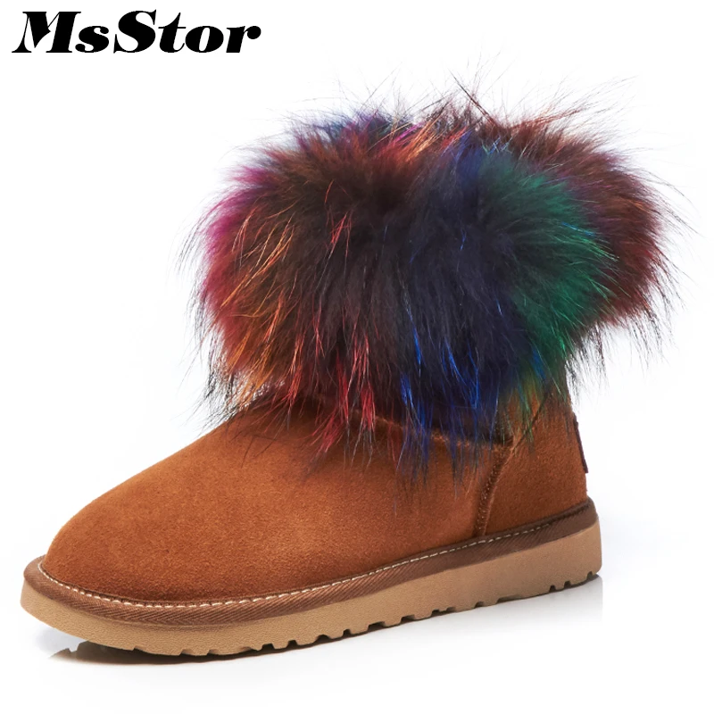 

MsStor Women Snow Boots Flat Heel Fur Keep Warm Ankle Boots For Woman Winter Mixed Colors Wool Blend Cotton Snow Boots For Girl