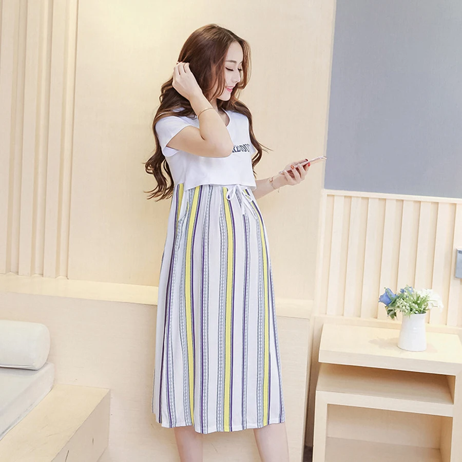 

New 2017 Summer Fashion maternity clothes Striped with Letter pattern nursing dress for pregnant women