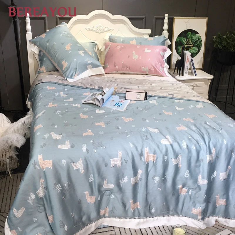 60S Tencel Cotton Summer Quilts Blanket Plant Printing Bed Quilt King Size Bed Cover For Boys Lazy Bed Home Textile colchas