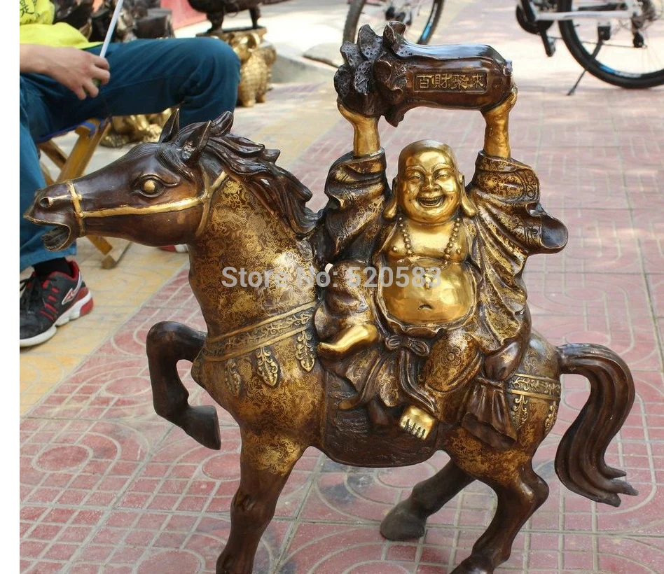 

25" Chinese Bronze Happy Laugh Maitreya Buddha Ride Horse cabbage Wealth Statue