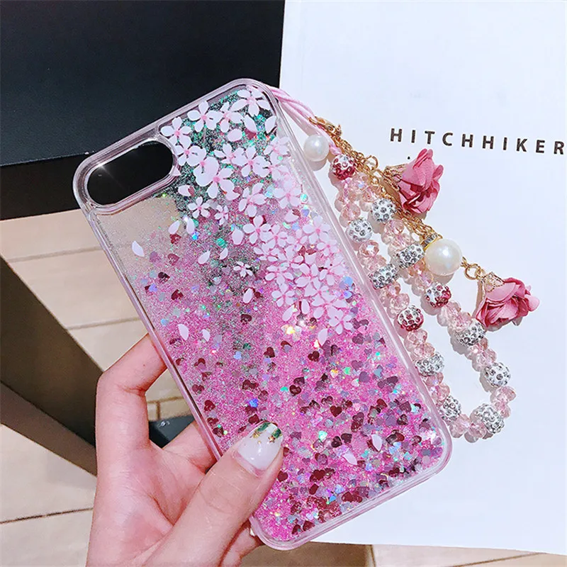 

Crystal Diamond Hand Chain Cherry Blossom Flower Bling Glitter Liquid Quicksand Case Cover For iPhone XS Max XR X 8 7 6 6S Plus