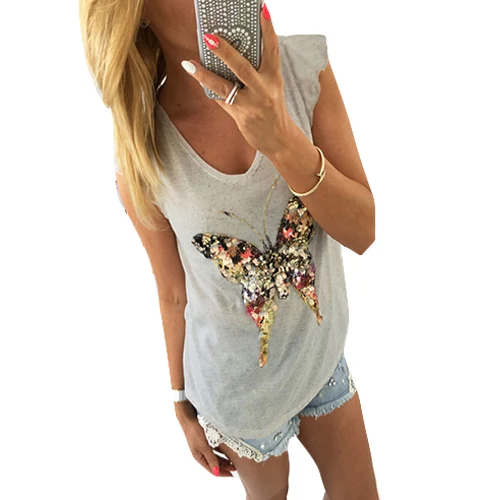 Sequin Shirt Women Beautiful Bling Sequin Butterfly Patchwork T Shirt Women Summer Short Sleeve