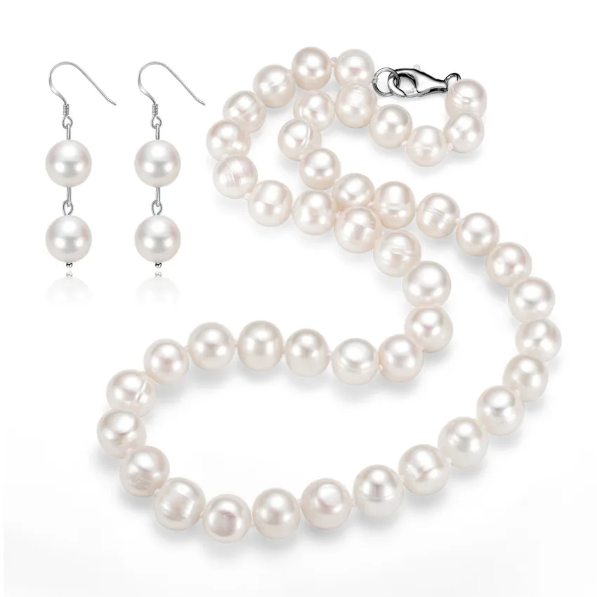 

SNH A 9mm off round pearl Necklace/Earrings 100% 925 sterling silver natural cultured freshwater pearl jewelry sets