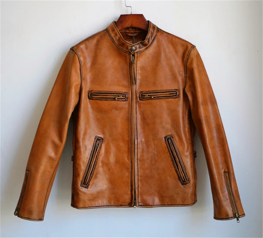 Супер качество Натуральная Конская кожаная куртка мотоциклетная тонкая винтажная натуральная Конская кожаная куртка