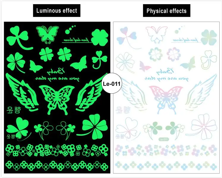 Rocooart бабочка светящаяся поддельная татуировка в форме крыльев Flash Taty якорь татуаж светящийся в темноте водонепроницаемый временные татуировки наклейка на тело - Цвет: Le-011