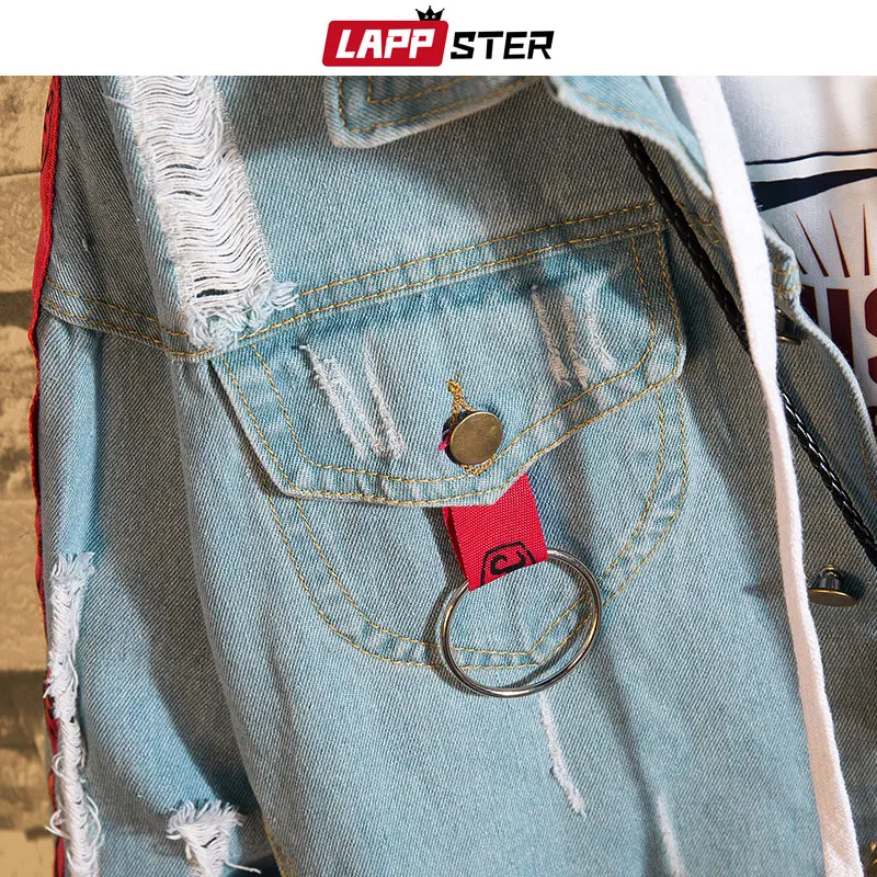 LAPPSTER Men Ribbon Blue Jean Jackets 2019 Man Japanese Streetwear Hip Hop Denim Jacket Harajuku Bomber Jacket Windbreaker INS
