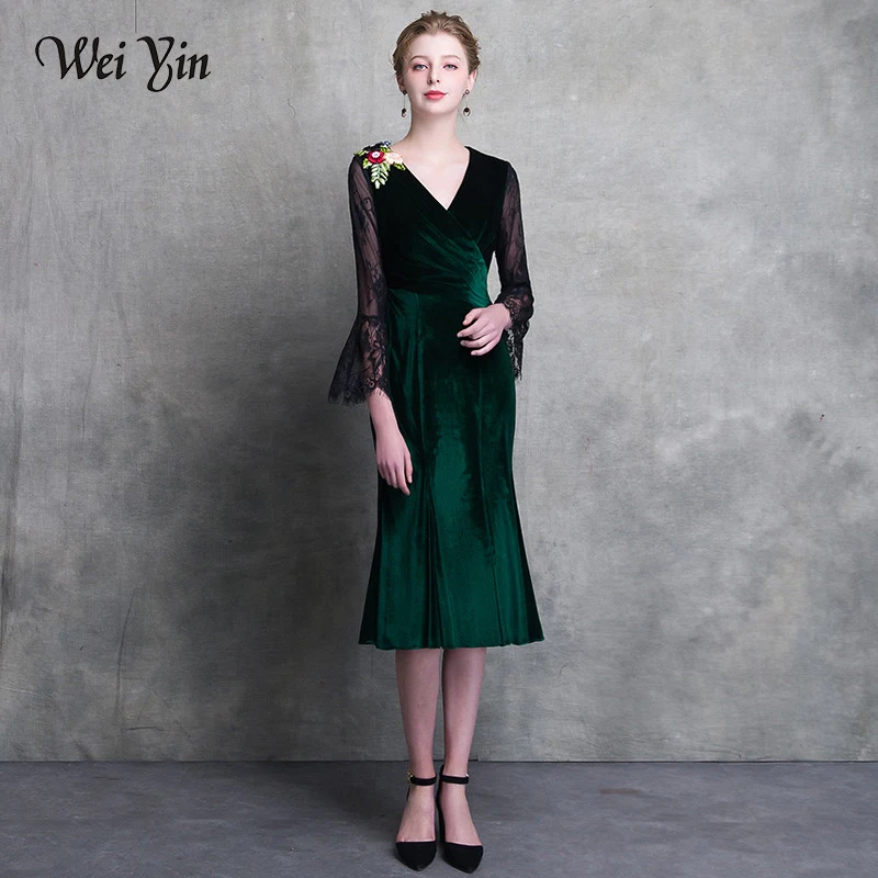 

WEIYIN 2019 dark green short cocktail dress v neck long sleeves lace zipper knee length cocktail dresses formal party dress