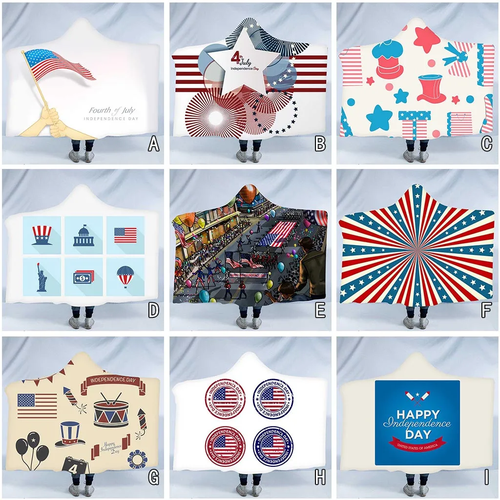

American Independence Day Plush Hooded Warm Blanket Dressing Hooded Blanket Tapestry Coverrinted Surface Full Polyester Flannel
