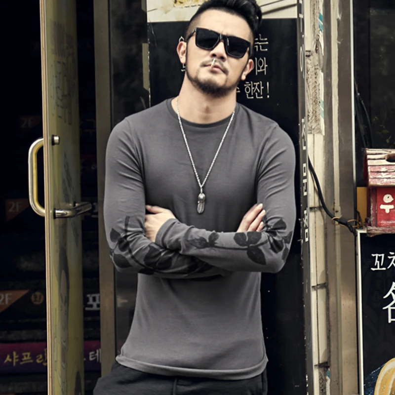 

Men printed flower t-shirt New slim fit t shirt men cotton t-shirt casual male long sleeve pullover o-neck brand clothing T-19