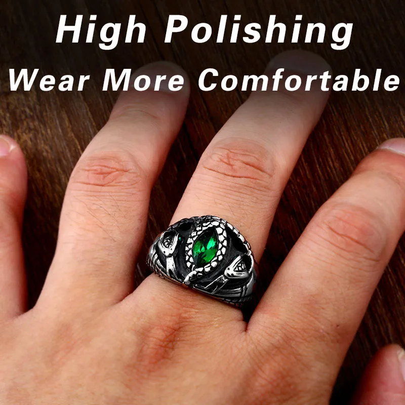 Stainless Steel Ring Norse Viking Amulet Snake Green Eyes Odin's Symbol for Men Scandinavian 316L Stainless Steel