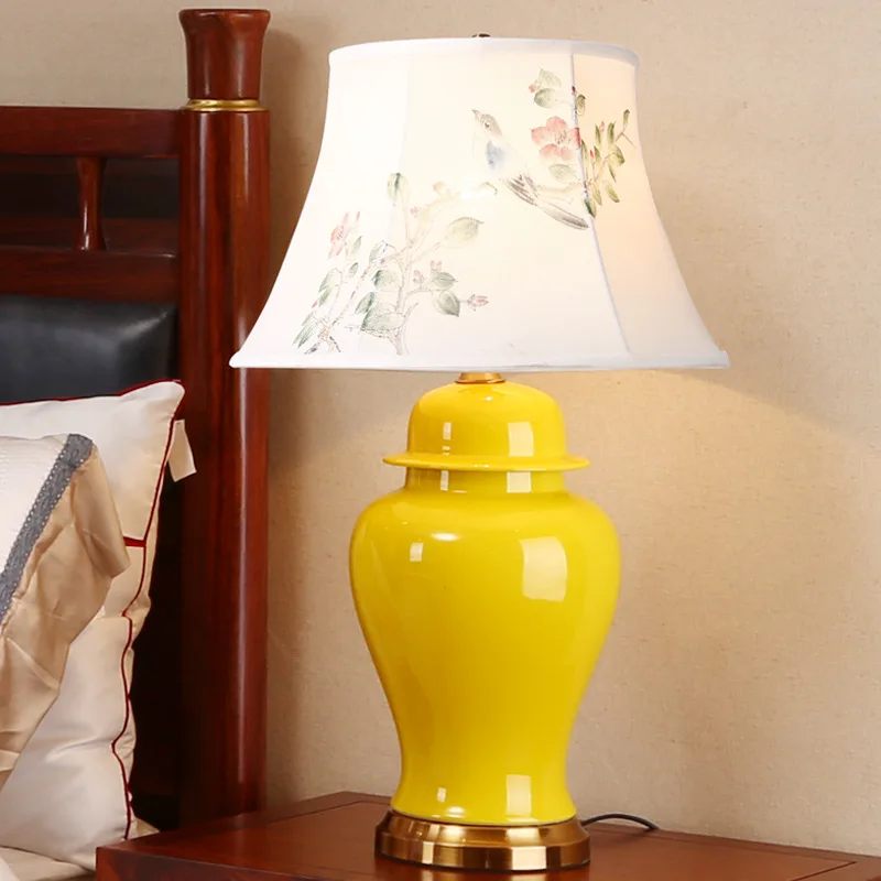 الراقية الكلاسيكية أنيقة اليد رسمت الأصفر الصينية السيراميك النسيج e27 مصباح طاولة ل غرفة نوم الدراسة ح 67 سنتيمتر 1292