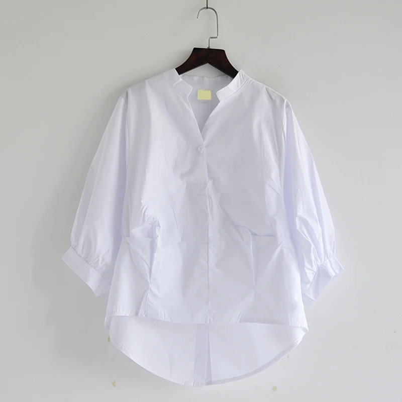 Летний Нерегулярные женские блузки и рубашки v-образным вырезом сплошной свободные офисные фонарь рукавами рубашки и пиджаки Пальто Топы