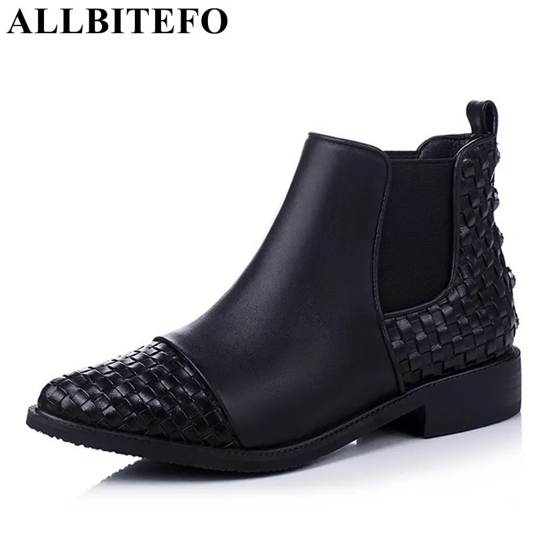 ФОТО ALLBITEFO Size:33-46 thick heel rivets fashion Weave design genuine leather winter snow women boots ankle boots martin boots