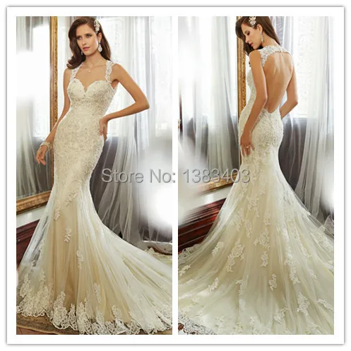 2015 Sexy Free Shipping Custom Ivory Cap Sweetheart Backless Appliques Chapel-Length Mermaid Wedding Dresses Bride Gown Dress | Свадьбы и
